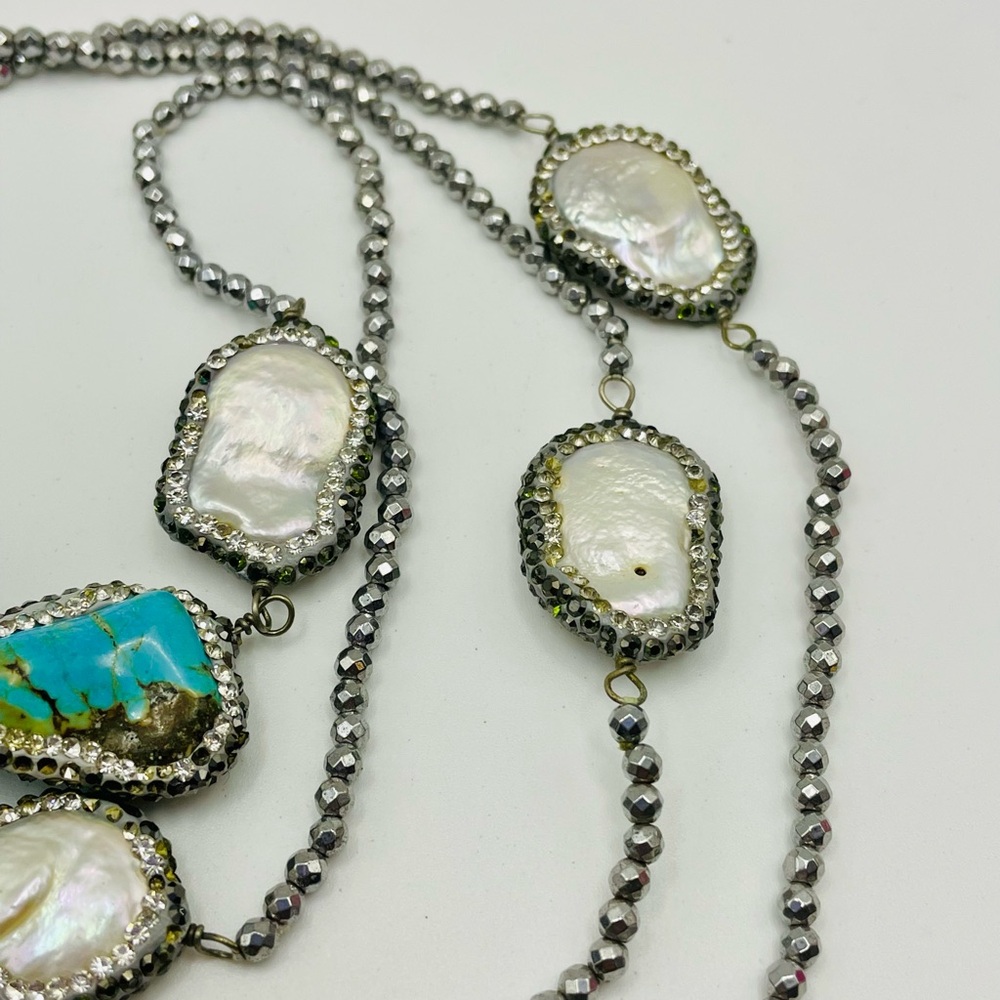 Freshwater Pearl & Howlite Beaded Statement Necklace - White & Blue. 40 inches - Picture 6 of 6